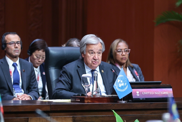 Tổng Thư ký Liên Hợp Quốc Antonio Guterres nhấn mạnh trong bối cảnh đầy khó khăn, thách thức hiện nay, Đối tác Toàn diện ASEAN-Liên Hợp Quốc càng có ý nghĩa quan trọng - Ảnh: VGP/Nhật Bắc