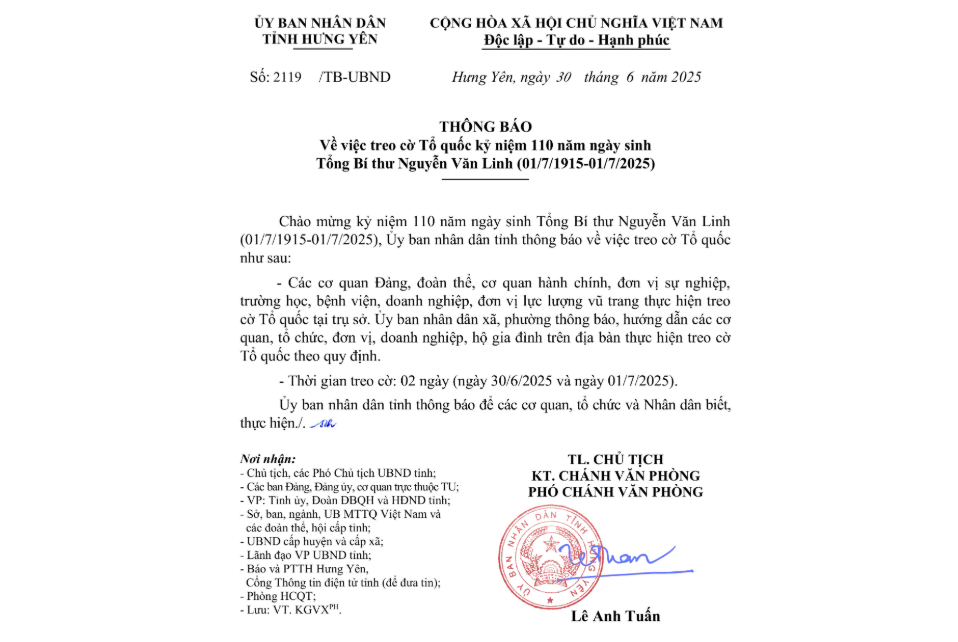   Nh88 dang Nhap về việc treo cờ Tổ quốc kỷ niệm 110 năm Ngày sinh Đồng chí Nh88 Nha cai Nguyễn Văn Linh (01/7/1915-01/7/2025)