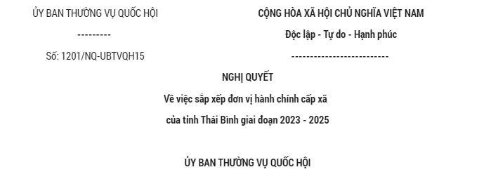   Nh88 casino số 1201/NQ-UBTVQH15 ngày 28/9/2024 của Nh88 com Thường vụ Nh88 net về việc sắp xếp đơn vị hành chính cấp xã của tỉnh Thái Bình giai đoạn 2023 – 2025