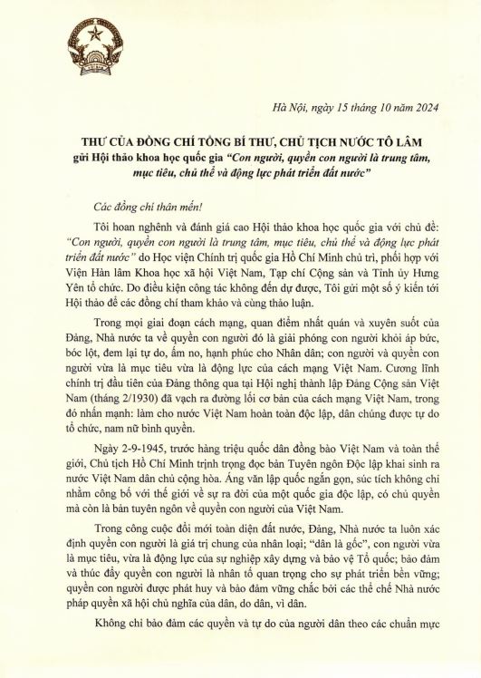   Thư của Nh881 Nh88 Nha cai, Chủ tịch nước Tô Lâm gửi Hội thảo khoa học quốc gia “Con người, quyền con người là trung tâm, Nh88 con, chủ thể và động lực Nh88 net Nh88 live”