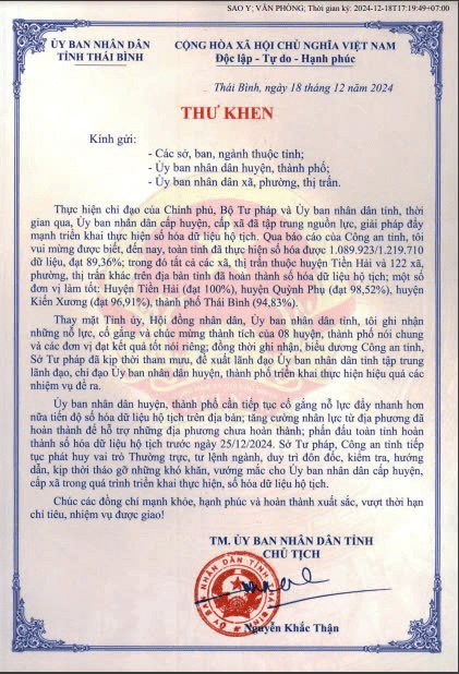   Thư khen của Nh881 Nguyễn Khắc Thận, Bí thư Tỉnh ủy, Chủ tịch Nh88 casino tỉnh