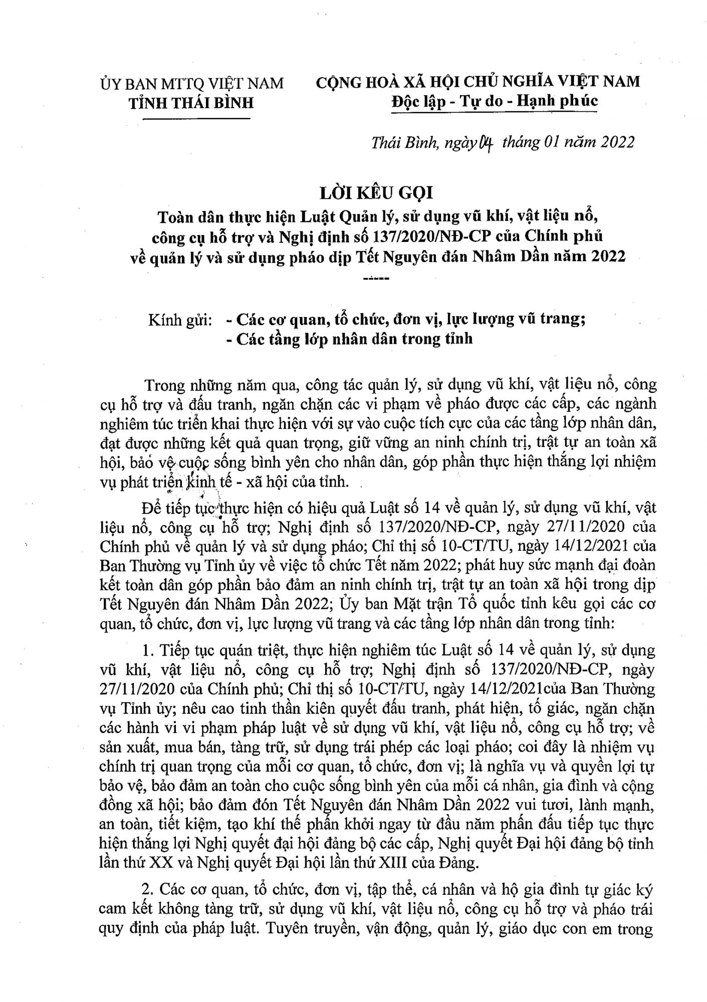   Lời kêu gọi toàn dân thực hiện Luật Quản lý, sử dụng vũ khí, vật liệu nổ, công cụ hỗ trợ và Nghị định số 137/2020/NĐ-CP của Nh88 con về quản lý và sử dụng pháo dịp tết Nguyên đán Nhâm Dần năm 2022.