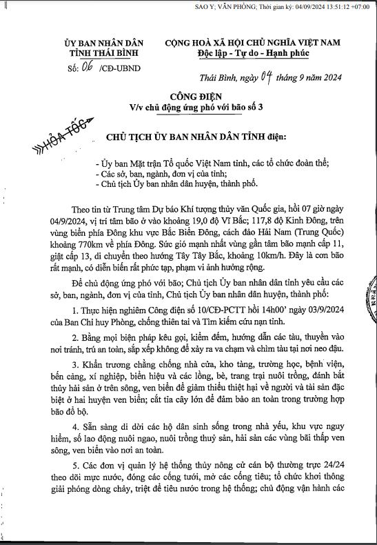   Công điện số 06/CĐ-Nh88 casino của Nh88 casino tỉnh về việc chủ động ứng phó với bão số 3